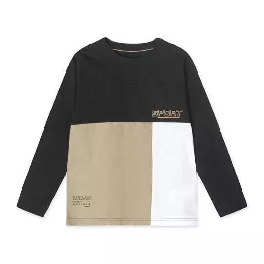 Camiseta Com Recortes- Preta & Bege