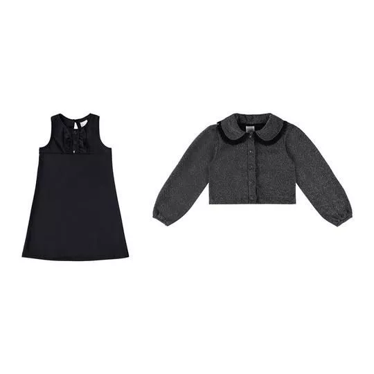 Conjunto De Vestido Liso & Casaco Com Brilhos- Preto