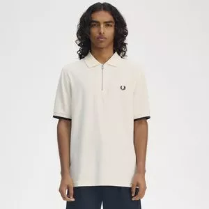 Polo Em Piquê Com Bordado<BR>- Bege Claro & Azul Marinho
