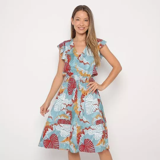Vestido Curto Folhagens- Azul & Vermelho