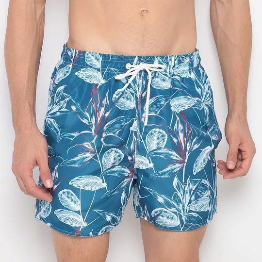 Short D'Água Folhagens- Azul & Branco