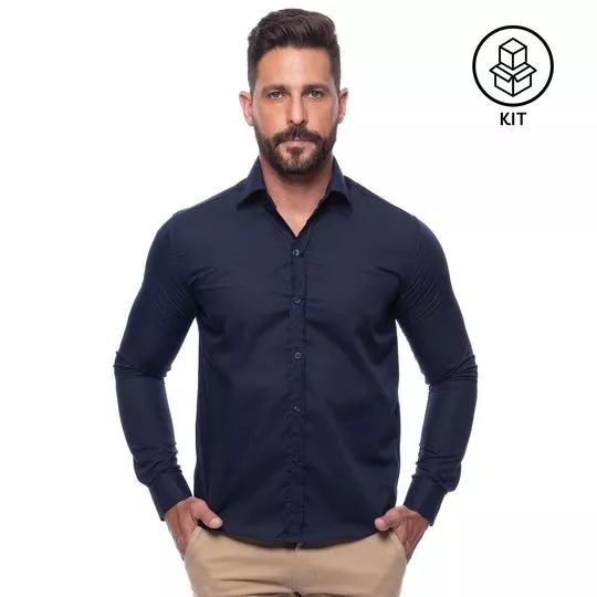 Kit De Camisas Slim- Azul Marinho- 3Pçs- Teodoro Camisaria