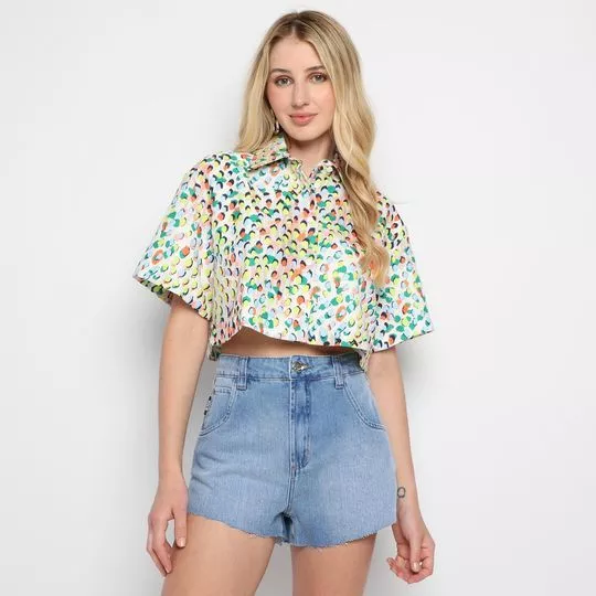 Camisa Cropped Abstrata- Bege Claro & Verde Claro