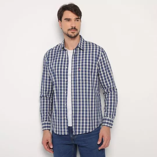 Camisa Xadrez Com Bolso- Azul Escuro & Off White