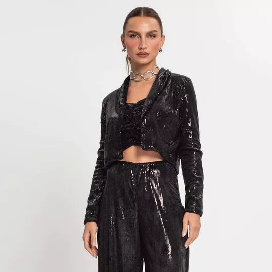 Blazer Cropped Em Paetês- Preto- Endless