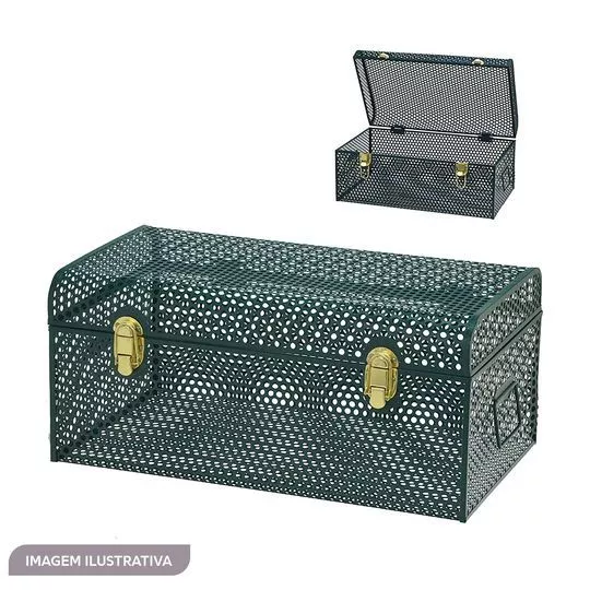 Mini Baú Decorativo- Verde Escuro & Dourado- 28x46,5x21cm- Mabruk