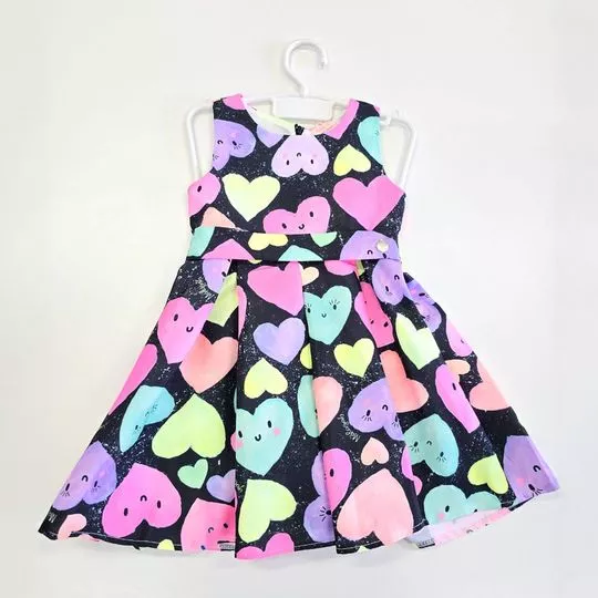 Vestido Corações Com Cinto- Azul Marinho & Rosa