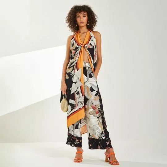 Blusa Frente Única Alongada Com Nó- Preta & Laranja- Sommer