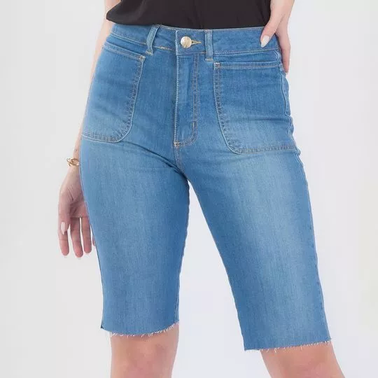 Bermuda Jeans Com Recortes- Azul
