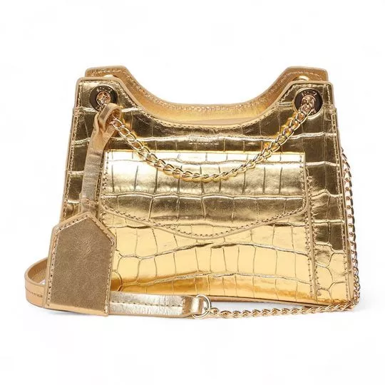 Bolsa De Ombro Em Couro- Dourada- Schutz