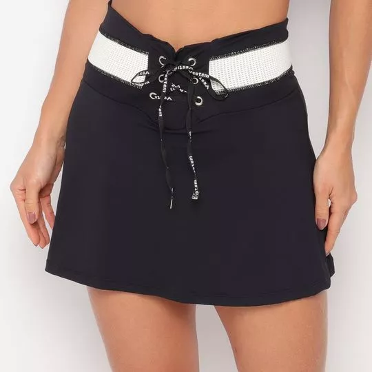 Saia Curta Com Recortes- Preta & Off White- Vestem