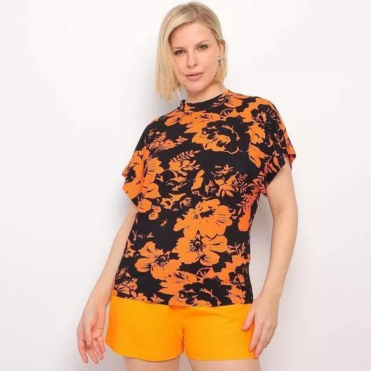 Camiseta Floral- Preta & Laranja- Morena Rosa