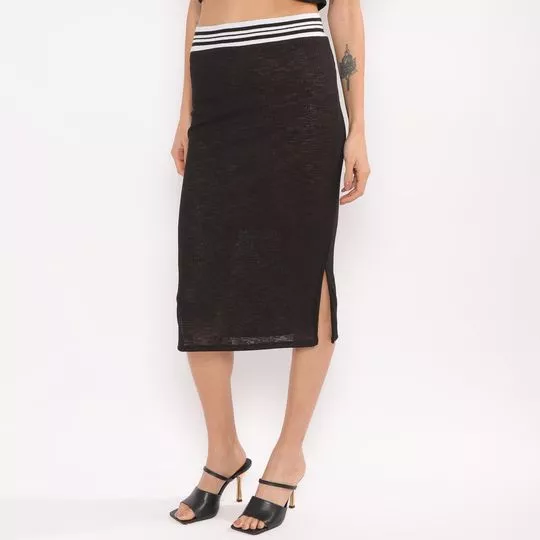 Saia Midi Com Recortes- Preta & Off White- Morena Rosa