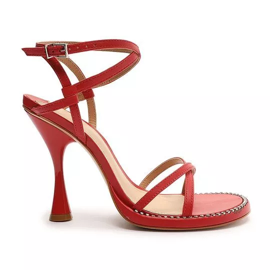 Sandália Em Couro Com Strass- Vermelha- Schutz
