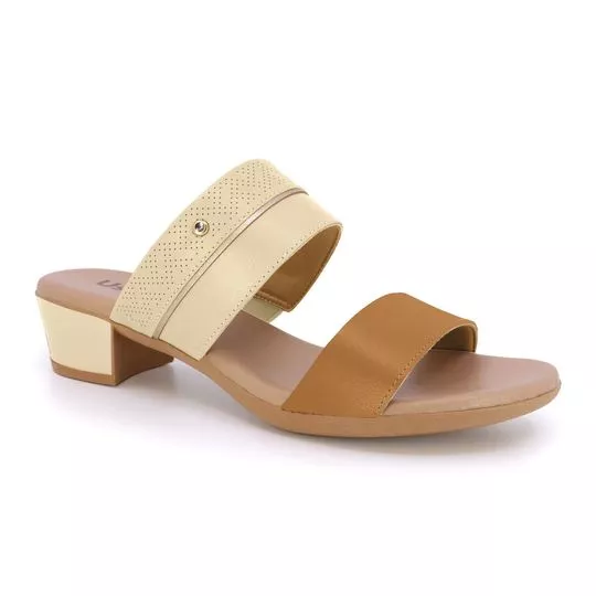 Tamanco Em Couro Texturizado- Off White & Caramelo- Salto: 4cm- Usaflex