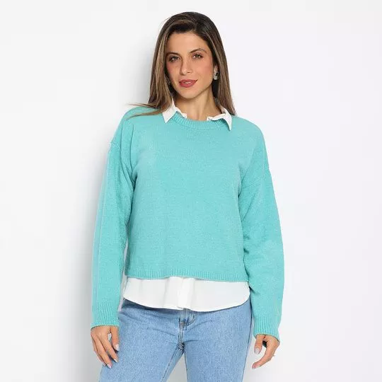 Blusão Cropped Em Tricô- Azul Claro
