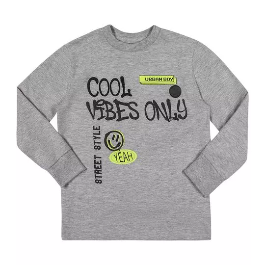 Camiseta Mescla Com Inscrições- Cinza
