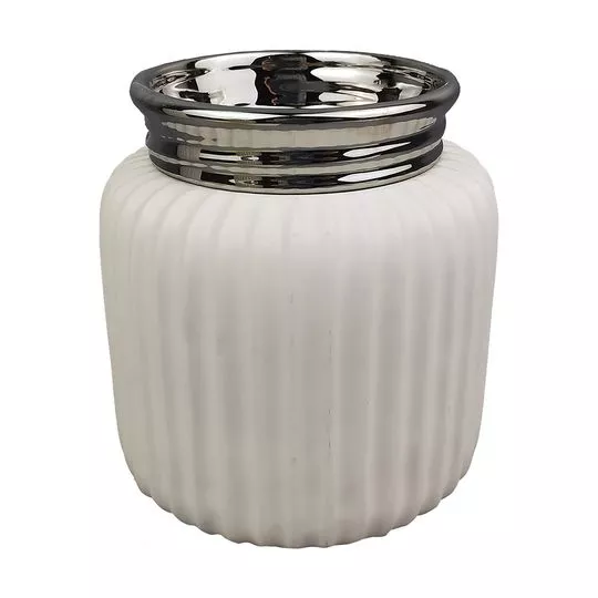 Vaso Com Relevo- Branco & Prateado- 14x10,5x13cm- Btc Decor