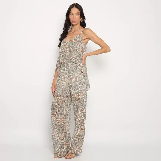 Calça Reta Paisley- Bege & Preta
