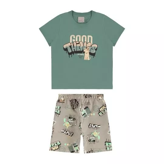 Conjunto De Camiseta Cachorrinho & Bermuda- Verde & Taupe