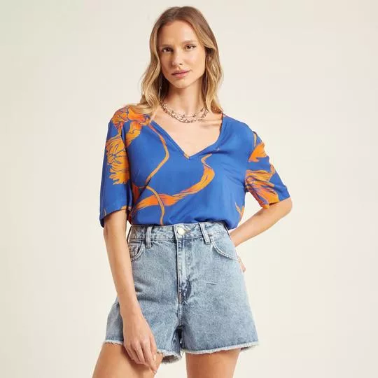 Blusa Floral- Azul & Laranja- Triton