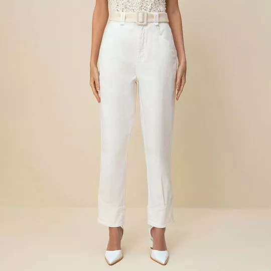 Calça Reta Com Bolsos- Off White- Morena Rosa
