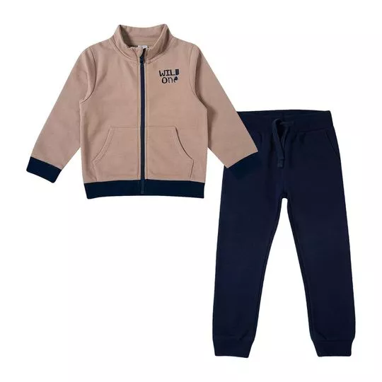 Conjunto De Jaqueta Com Bolsos & Calça Jogger Lisa- Bege Escuro & Azul Marinho- 2Pçs- Tip Top