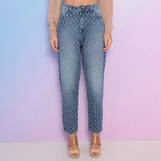 Calça Jeans Mom Abstrata Com Aplicações- Azul Escuro & Azul Claro