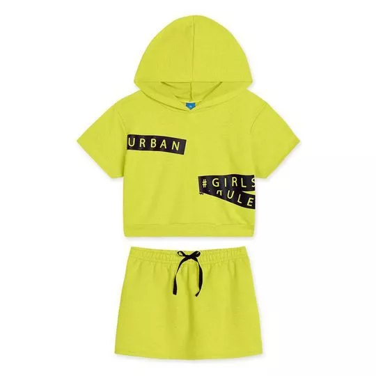 Conjunto De Blusa Com Capuz & Saia Lisa- Verde Limão & Preto- Hapier