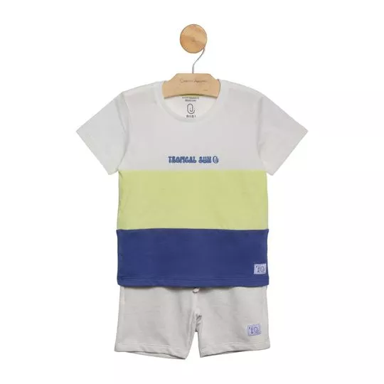 Conjunto De Camiseta & Bermuda Com Bolsos- Off White & Azul- Digi
