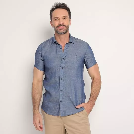 Camisa Slim Fit Com Linho- Azul Marinho- HSTL- Highstill