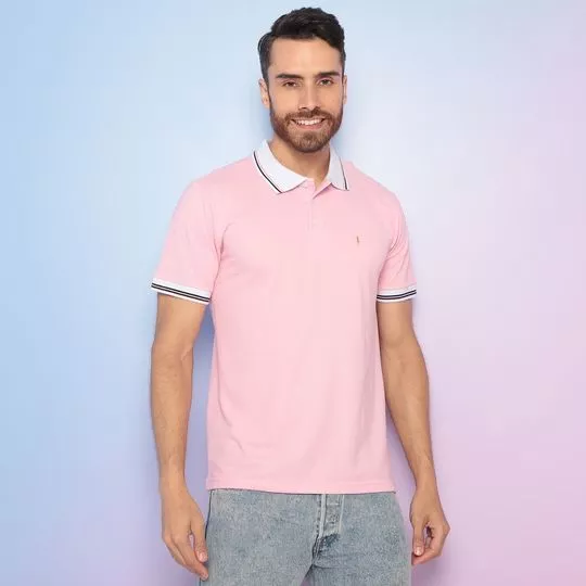 Polo Em Piquê Com Bordado- Rosa Claro & Off White- Zoomp