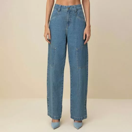 Calça Jeans Wide Leg Com Bolsos- Azul- Morena Rosa
