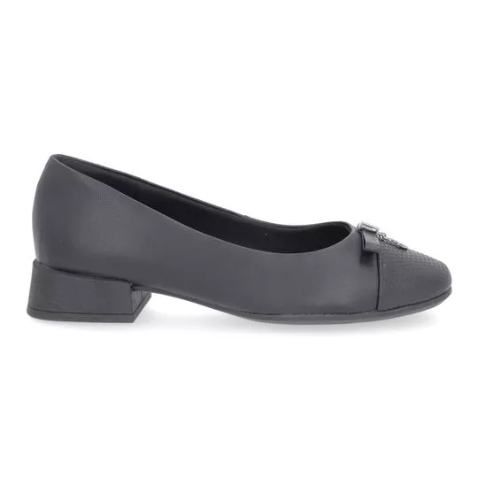 Sapato Em Couro Com Laço- Preto- Salto: 3cm- Usaflex