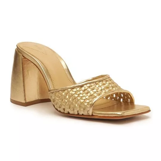 Tamanco Metalizado Em Couro- Dourado- Salto: 9cm- Schutz