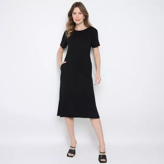Vestido Midi Com Fenda- Preto- Maria Padilha