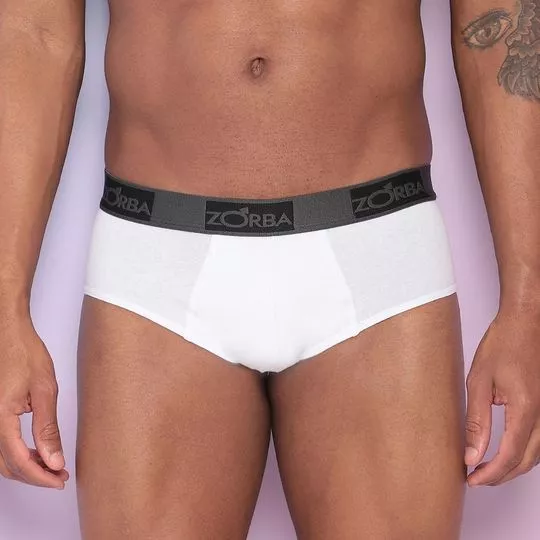 Cueca Slip Com Logo- Branca & Cinza Escuro