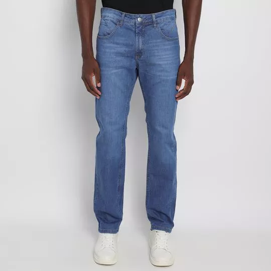 Calça Jeans Reta Com Recortes- Azul Claro