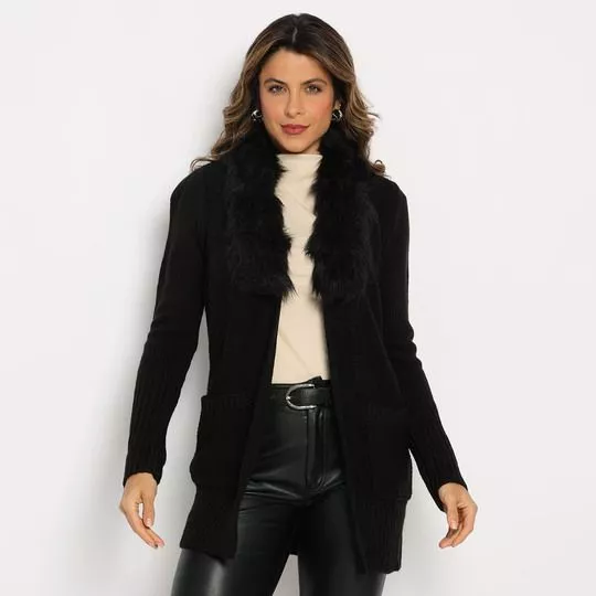 Cardigan Alongado Em Tricô- Preto
