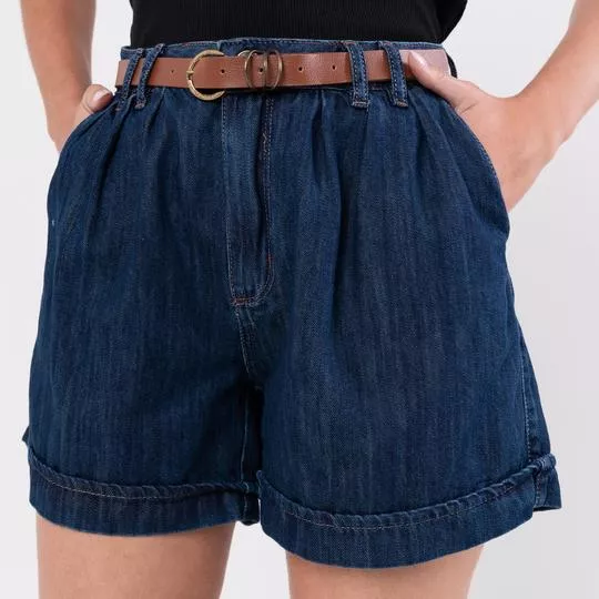 Short Mom Jeans Com Pregas- Azul Escuro