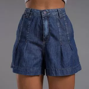Short Jeans Com Pregas<BR>- Azul Escuro