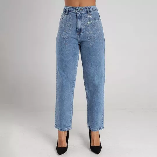 Calça Jeans Reta Com Bordados- Azul