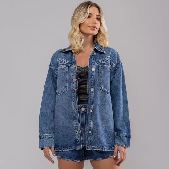 Camisa Jeans Com Bolsos- Azul