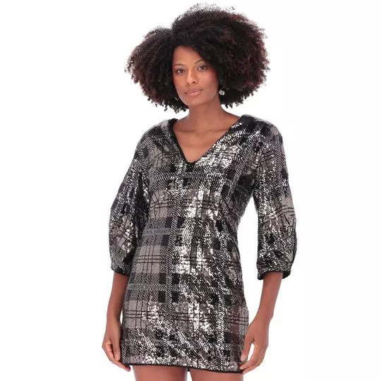 Vestido Curto Com Paetês- Ouro Velho & Preto