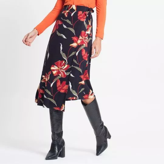Saia Midi Floral- Preta & Vermelho Escuro- Rovitex