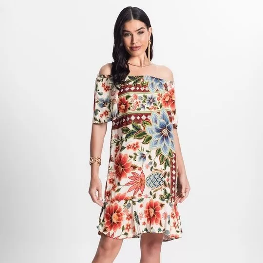 Vestido Curto Ombro A Ombro - Bege Claro & Laranja - Infinita Cor