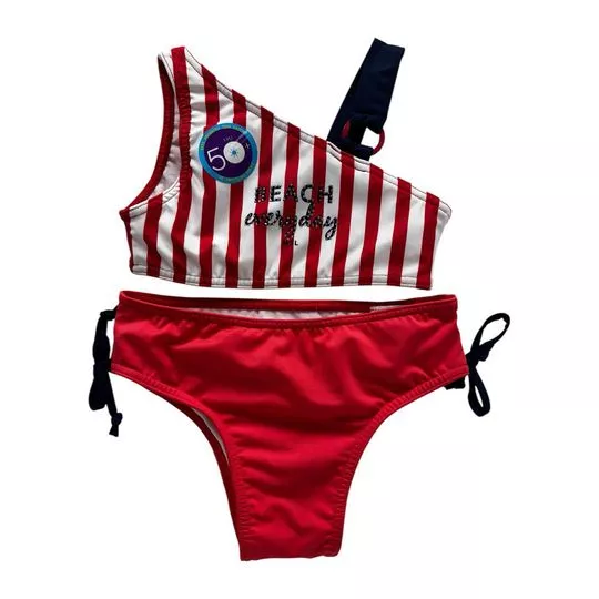Biquíni Cropped Listrado- Off White & Vermelho