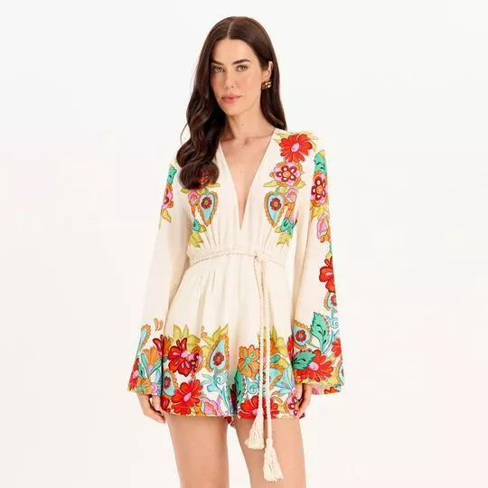 Macaquinho Floral - Off White & Vermelho