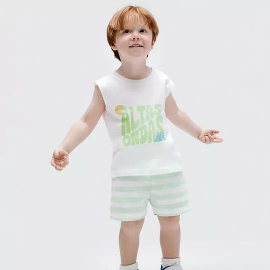 Conjunto De Regata Com Inscrição & Bermuda Listrada- Off White & Verde Claro- Hering Kids