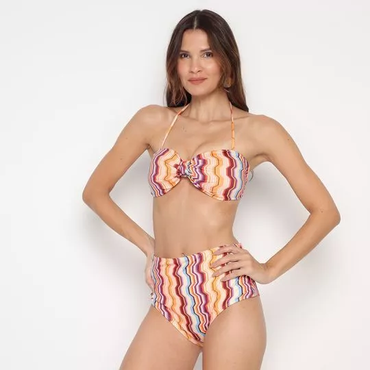 Biquíni Sem Alça Com Hot Pant Geométrico- Amarelo & Bordô- MARIA VALENTINA